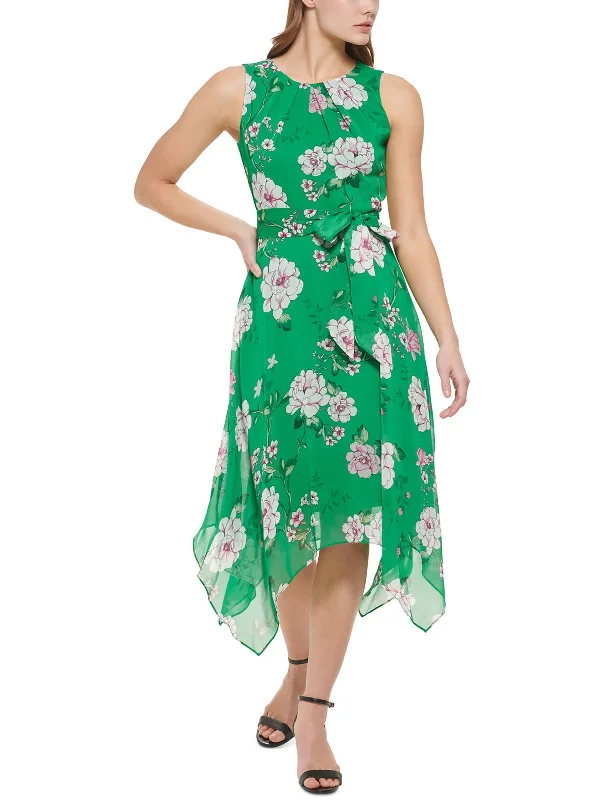 ladies-midi-dress-puff-sleeve-pride-Petites Womens Floral Print Mid-Calf Midi Dress