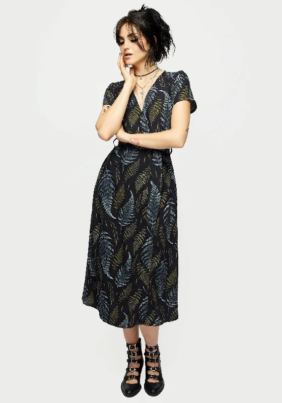 ladies-midi-dress-cocktail-chic-Frond Print Faux Wrap Midi Dress