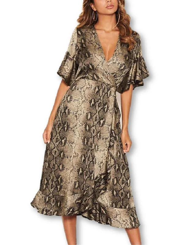 ladies-midi-dress-periwinkle-pride-Womens Snake Print Faux Wrap Midi Dress