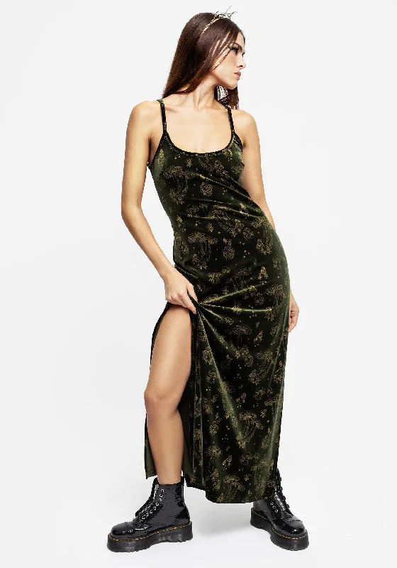 Women's maxi dress dusk sweep -Faefire Foil Print Velour Maxi Slip Gown - Green