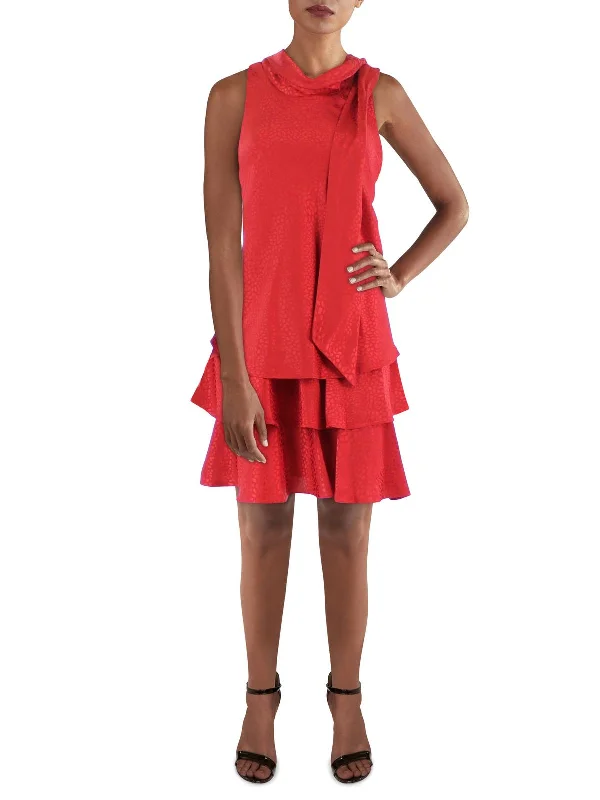 ladies-mini-dress-breathable-bop-Petites Womens Embossed Tiered Mini Fit & Flare Dress