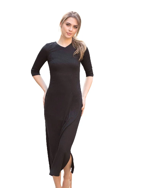 ladies-midi-dress-scoop-serenity-AdinaLV V-Neck Ribbed Midi Dress