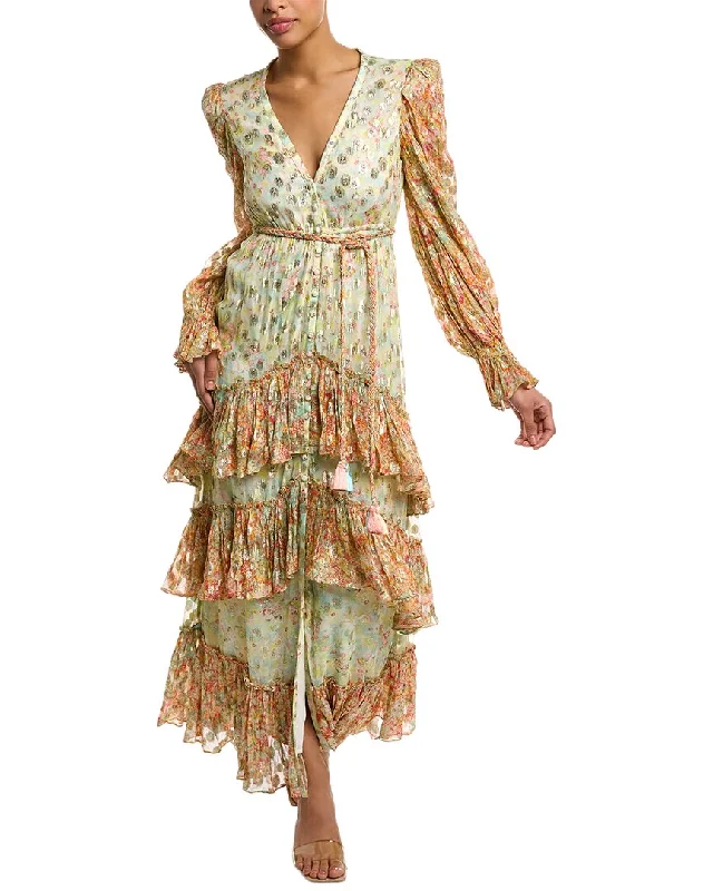 Women's maxi dress morn sweep -Rococo Sand Metallic Tiered Maxi Dress