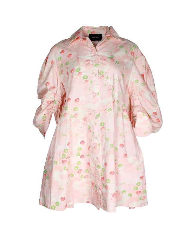 ladies-shirt-dress-elastic-hem-Simone Rocha Floral-Print Signature Sleeve Mini Shirt Dress in Pink Cotton