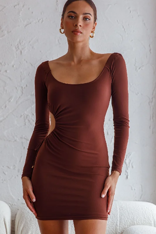 Women's bodycon dress bold color -Nikola Cut-Out Feature Long Sleeve Bodycon Mini Dress Chocolate