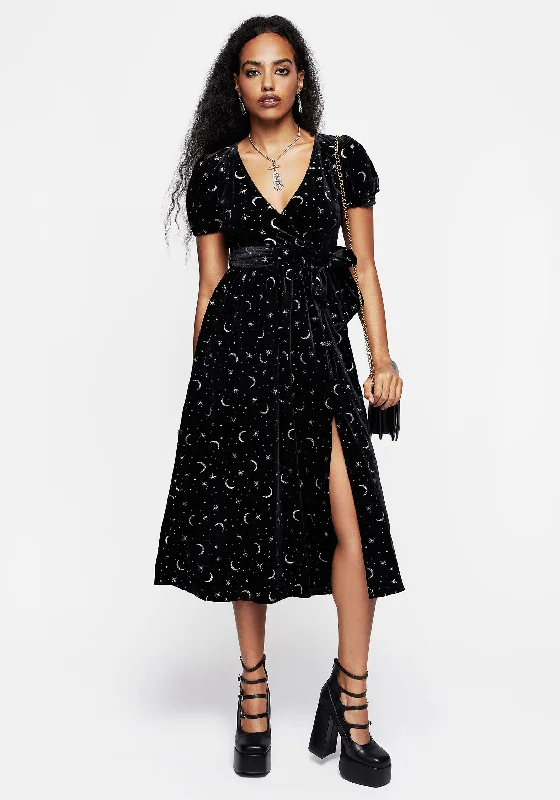 ladies-midi-dress-floral-flutter-Constellation Glitter Print Velour Midi Wrap Dress