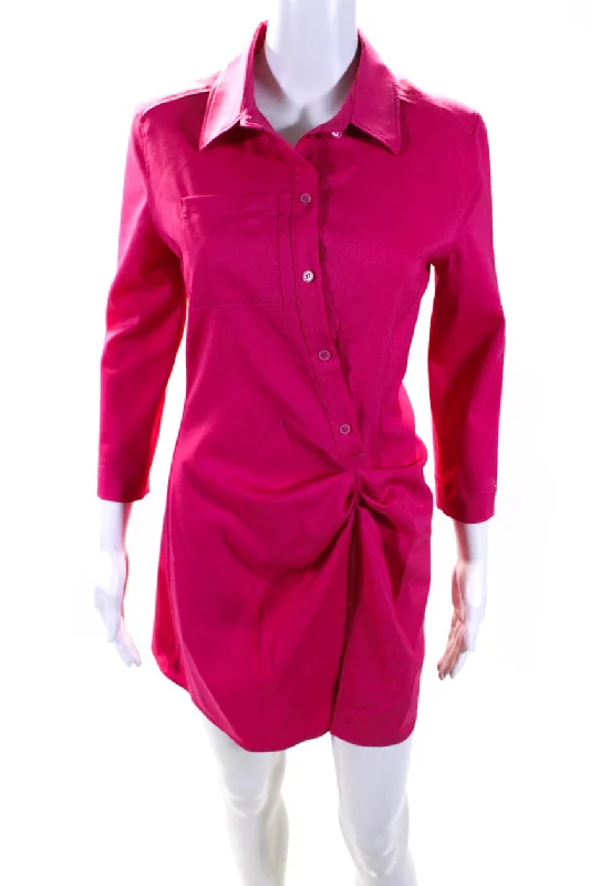 ladies-shirt-dress-cap-sleeve-Jacquemus Womens Asymmetrical Button Mini High Slit Shirt Dress Pink