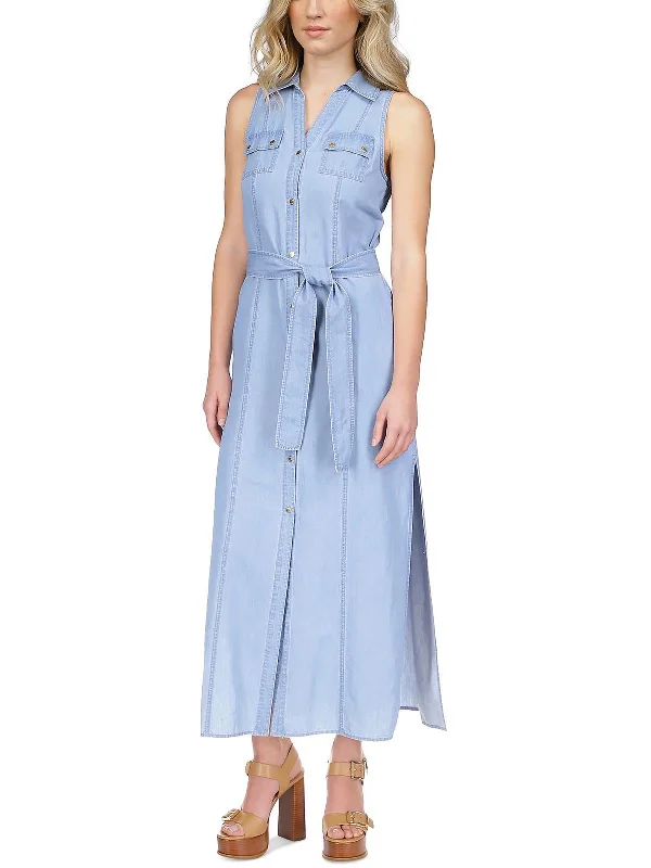 ladies-shirt-dress-pink-hue-Petites Womens Chambray Sleeveless Shirtdress