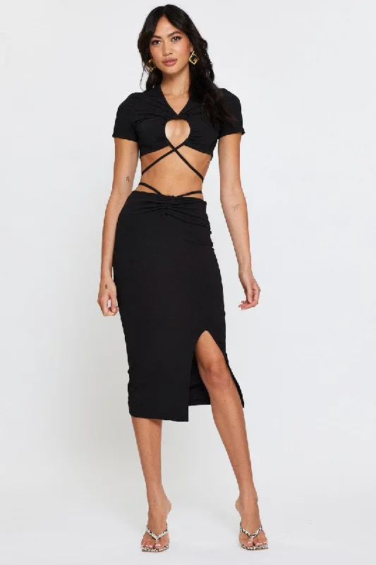 Women's bodycon dress ruched -Black Ribbed Bodycon Midi Skirt