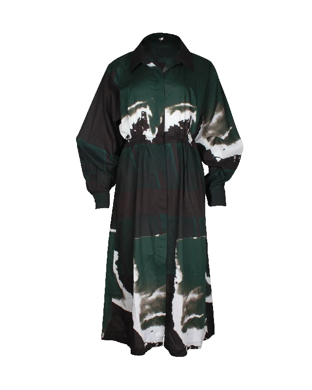 ladies-shirt-dress-smocked-waist-Dries Van Noten Printed Midi Shirt Dress in Multicolor Cotton