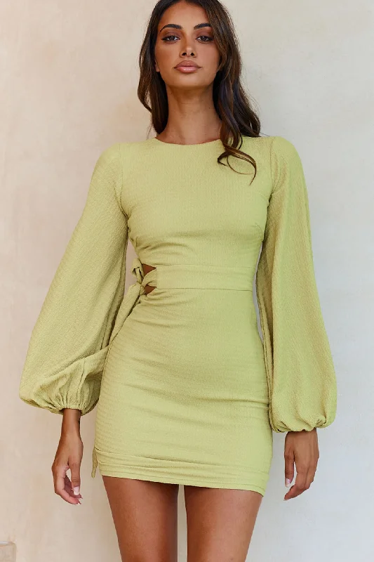 Women's bodycon dress stretch -Talk Of The Town Long Lantern Sleeve Side Tie Bodycon Dress Olive