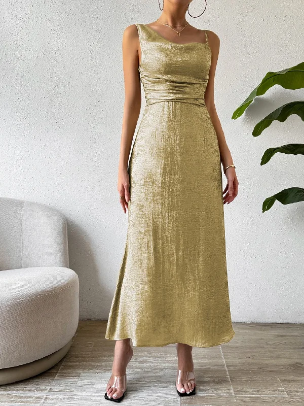 ladies-midi-dress-cinnamon-calm-Honey Asymmetric Neck Sleeveless Midi Dress