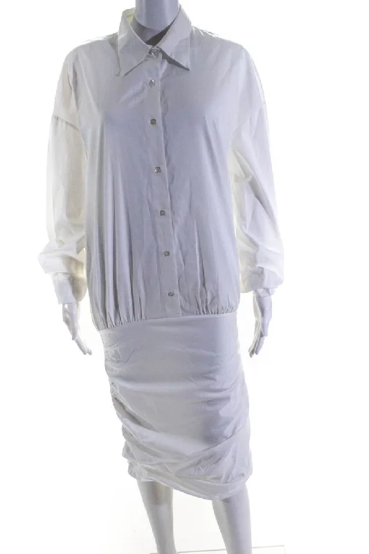 ladies-shirt-dress-tie-front-twist-Cekette Womens Half Button Side Zip Ruched Shirt Dress White Cotton