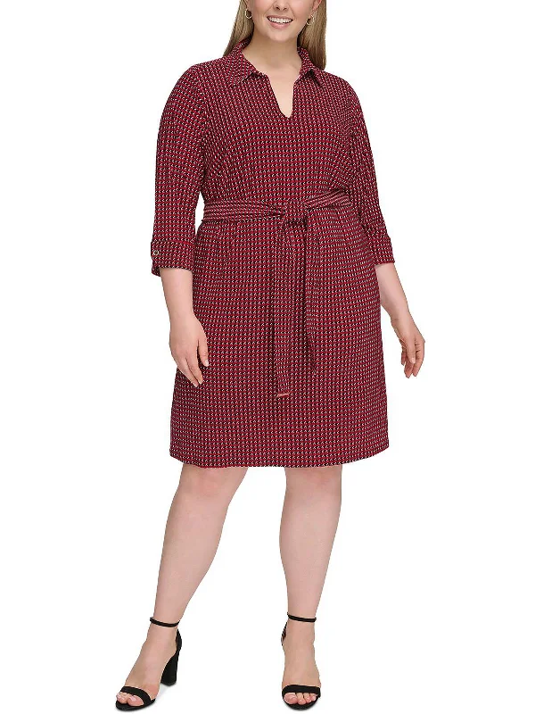 ladies-shirt-dress-square-neck-Plus Womens Houndstoth V-Neck Shirtdress