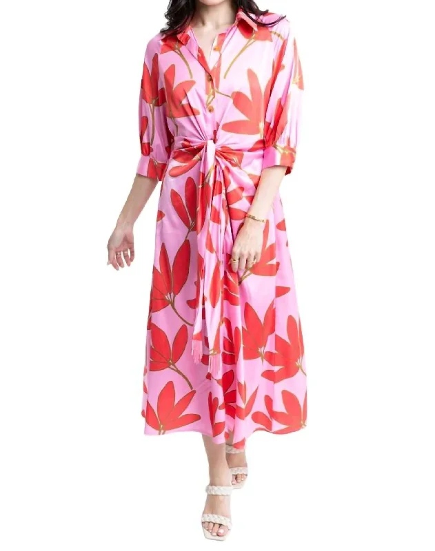 ladies-shirt-dress-ivory-elegance-Satin Palm Floral Knot Shirt Dress In Pink/cherry