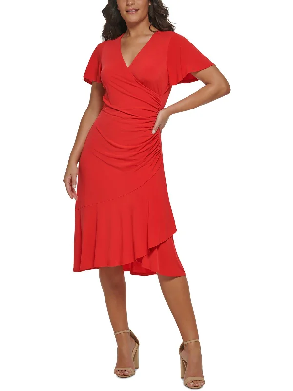 ladies-midi-dress-tiered-trance-Womens Gathered Surplice Midi Dress