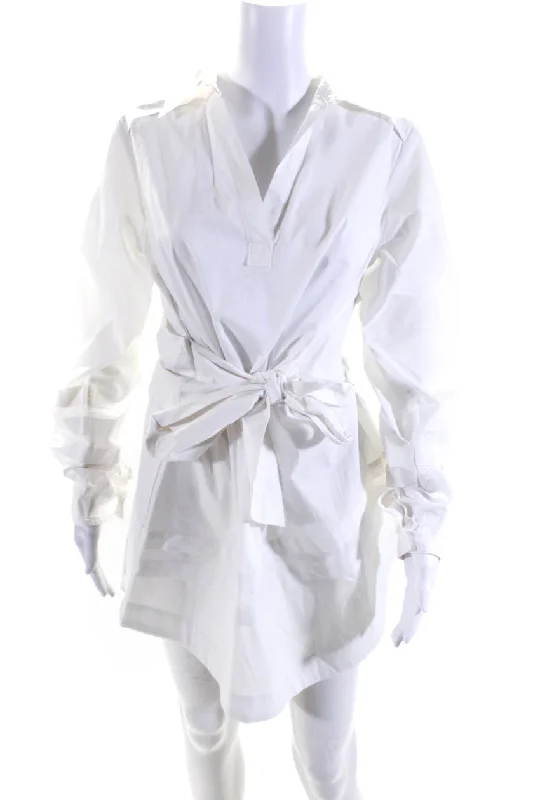 ladies-shirt-dress-linen-light-Jonathan Simkhai Womens Side Zip Collared Belted Shirt Dress White