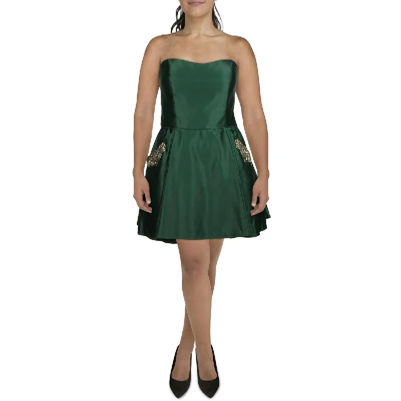 ladies-mini-dress-low-cut-lush-Juniors Womens Satin Mini Fit & Flare Dress