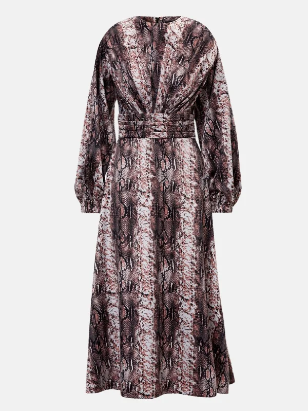 ladies-midi-dress-wedding-waltz-Snake Print Midi Dress With Shoulder Pads Detail And Pleats