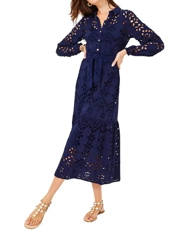 ladies-shirt-dress-designer-cut-Zia Eyelet Midi Shirtdress In True Navy Soiree Eyelet