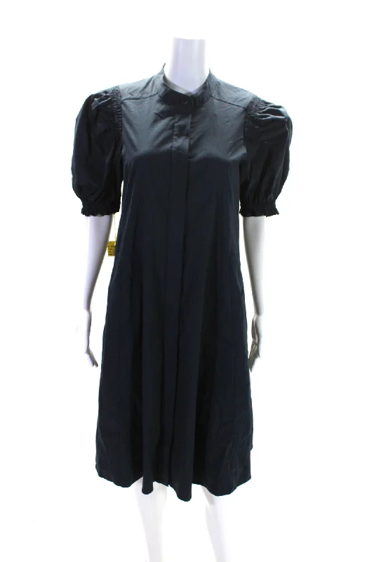 ladies-shirt-dress-oversized-relaxed-Foil Womens Back In Business Puff Sleeve Midi Shirt Dress Navy Blue