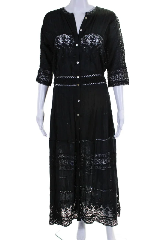 ladies-shirt-dress-petite-tailored-Love Shack Fancy Womens Button Front Lace Trim Maxi Shirt Dress Black