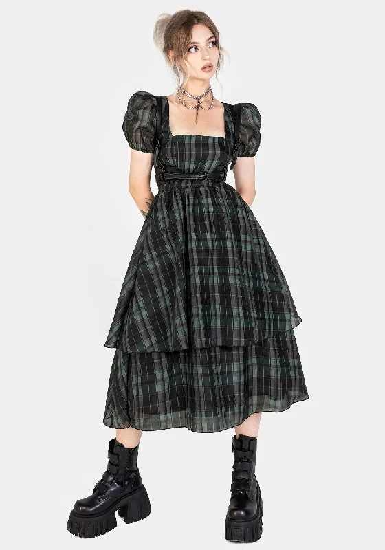 ladies-midi-dress-tall-treasure-Checkmate Puff Sleeve Layered Organza Midi Dress