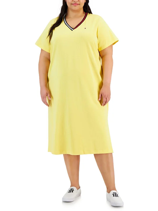 ladies-shirt-dress-color-block-Plus Womens V-Neck Midi T-Shirt Dress