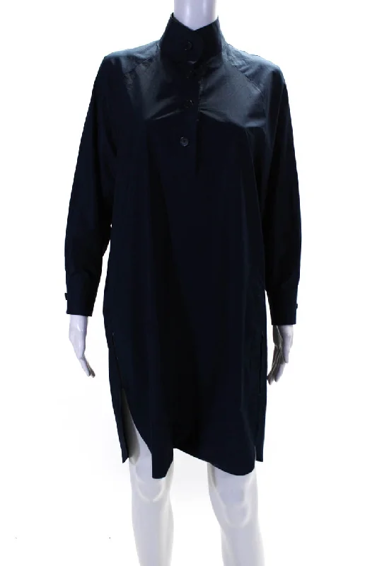 ladies-shirt-dress-wedding-guest-Akris Punto Womens Half Button Down Shirt Dress Navy Blue Cotton