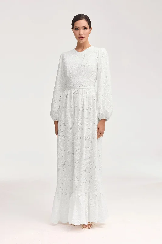 Women's maxi dress tie flow -Luciana White Eyelet Maxi Dress