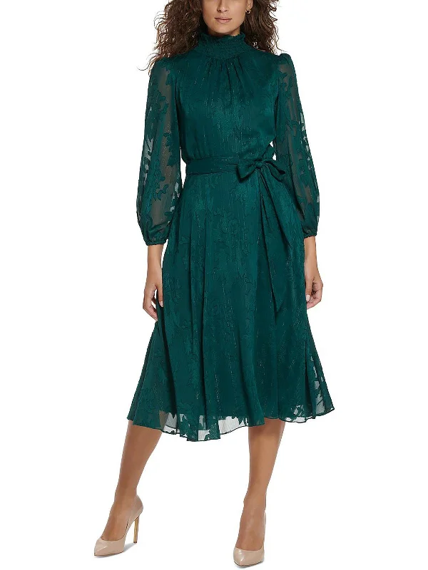 ladies-midi-dress-sage-sweep-Petites Womens Mock Neck Puff Sleeve Midi Dress