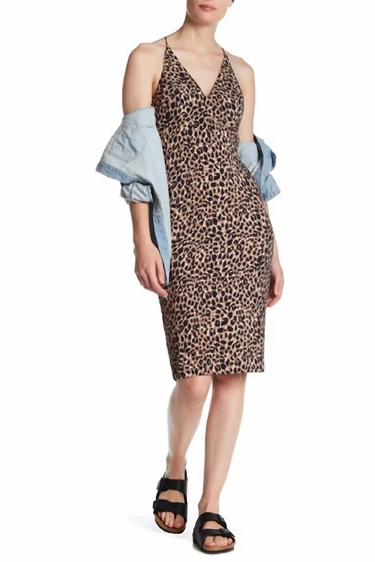 Women's bodycon dress spring -Animal Print Plunge V Neck Bodycon Leopard Midi Dres In Black/brown