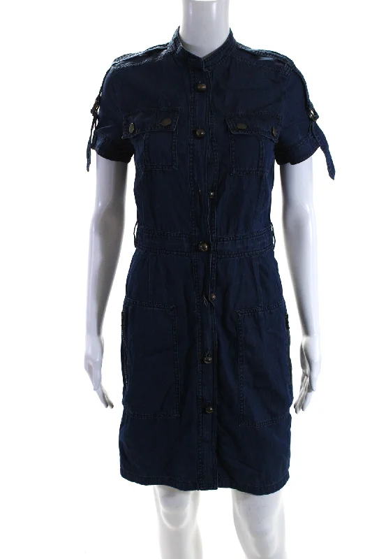 ladies-shirt-dress-party-ready-Lanvin Womens Blue Chambray Crew Neck Short Sleeve Denim Shirt Dress