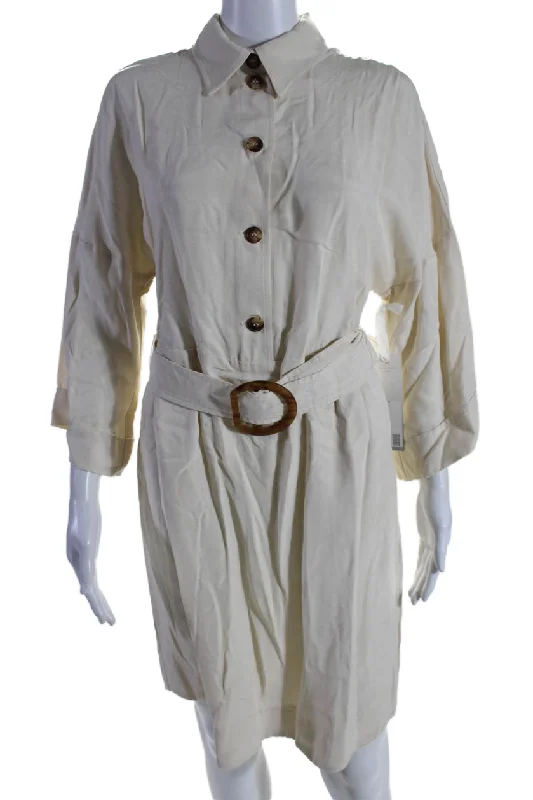 ladies-shirt-dress-playful-vibe-I By Iris Setlakwe Womens 3/4 Sleeve Collared Belted Shirt Dress White