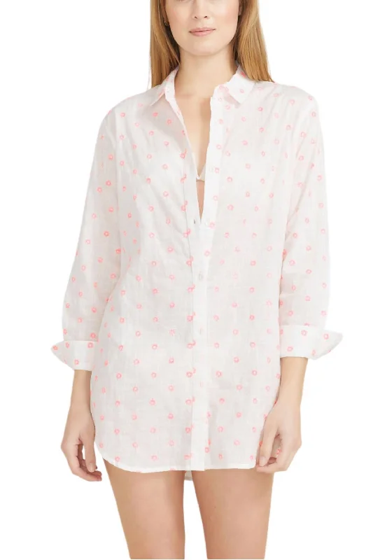 ladies-shirt-dress-day-to-night-Primavera Shirt Dress In White With Pink Embroidery