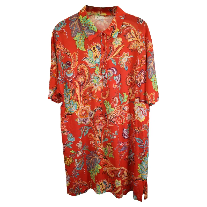 ladies-shirt-dress-neon-accent-Etro Floral-Print Shirt Dress in Orange Cotton