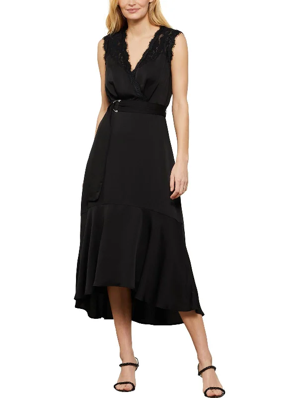 ladies-midi-dress-mesh-majesty-Womens Lace Trim Surplice Midi Dress