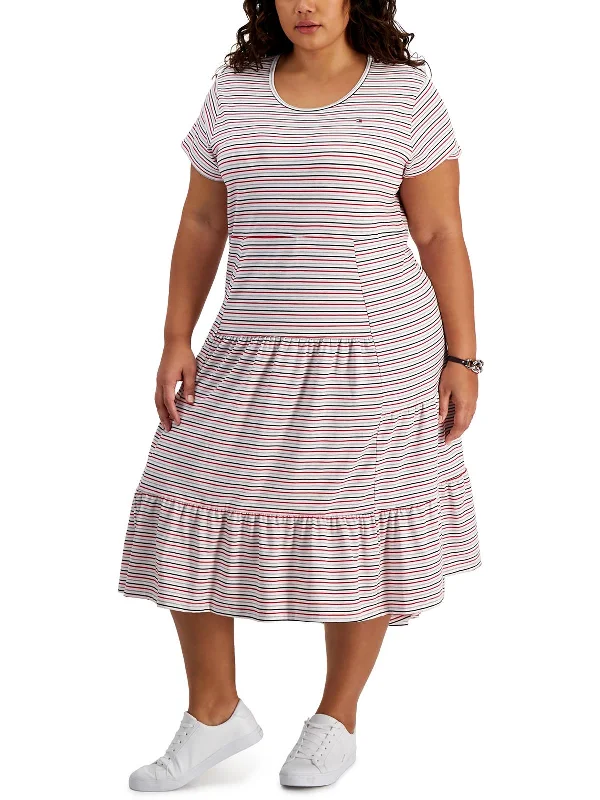 ladies-midi-dress-embroidered-elegance-Plus Womens Striped Tiered Midi Dress