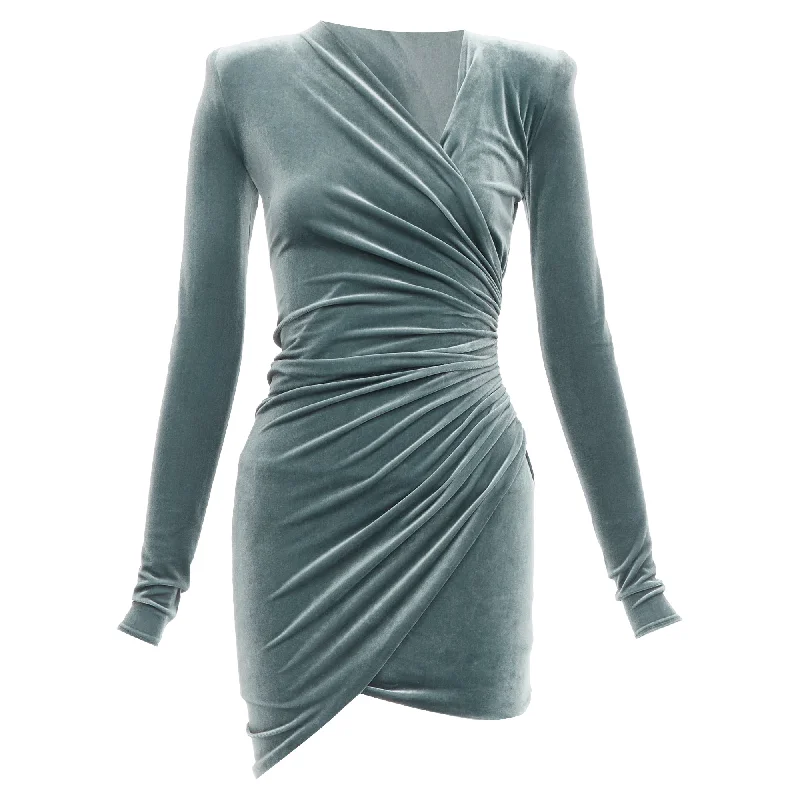 Women's bodycon dress affordable -Alexandre Vauthier wrap draped velvet V neck mini bodycon dress