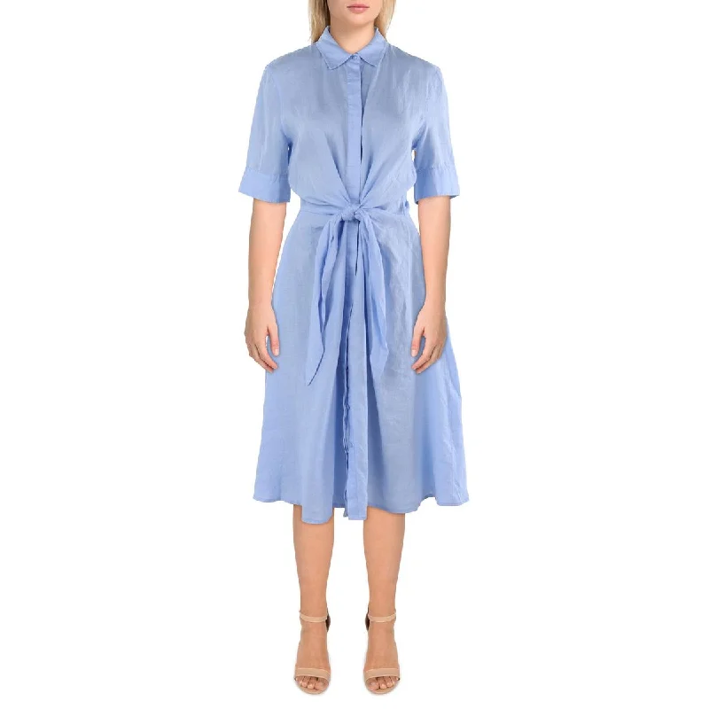 ladies-shirt-dress-plunge-neck-Womens Knee-Length Solid Shirtdress