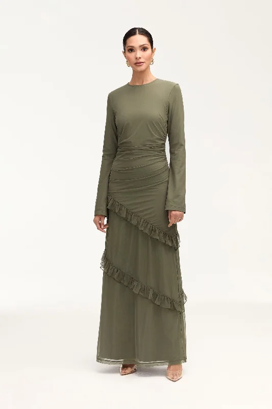 Women's maxi dress cozy sweep -Sabrina Waterfall Maxi Dress - Smokey Olive