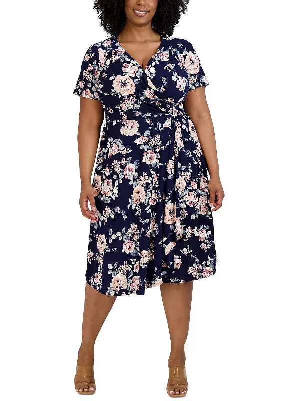 ladies-midi-dress-work-to-waltz-Plus Womens Floral Print Midi Wrap Dress