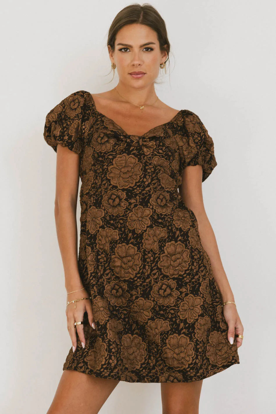 ladies-mini-dress-club-crush-Darcella Floral Mini Dress in Brown