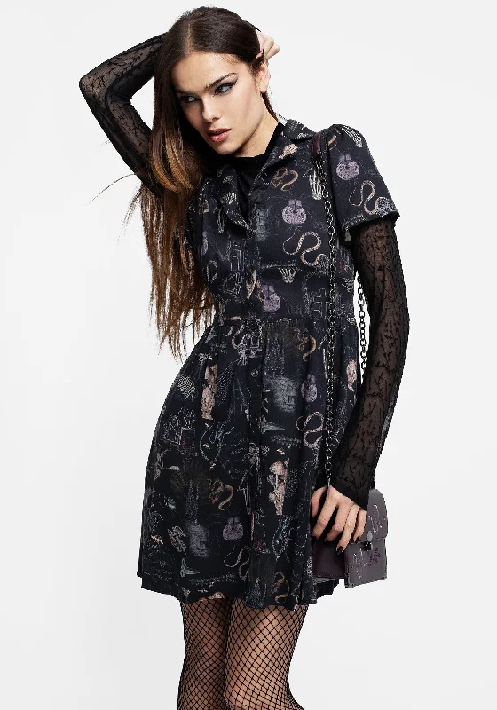 ladies-mini-dress-custom-charm-Maudeline Victoriana Print Eco-Viscose Mini Shirt Dress