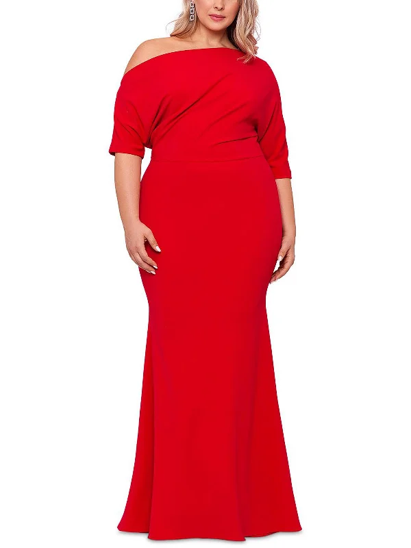 Women's maxi dress crisp flow -Plus Womens Off-The-Shoulder Maxi Evening Dress