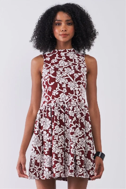 ladies-mini-dress-glitter-gusto-Burgundy & White Floral Crew Neck Sleeveless Fitted Mini Dress