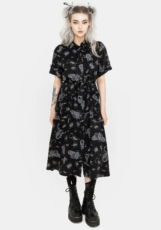 ladies-midi-dress-padded-pride-Parasite Bugs Short Sleeve Midi Shirt Dress - Black