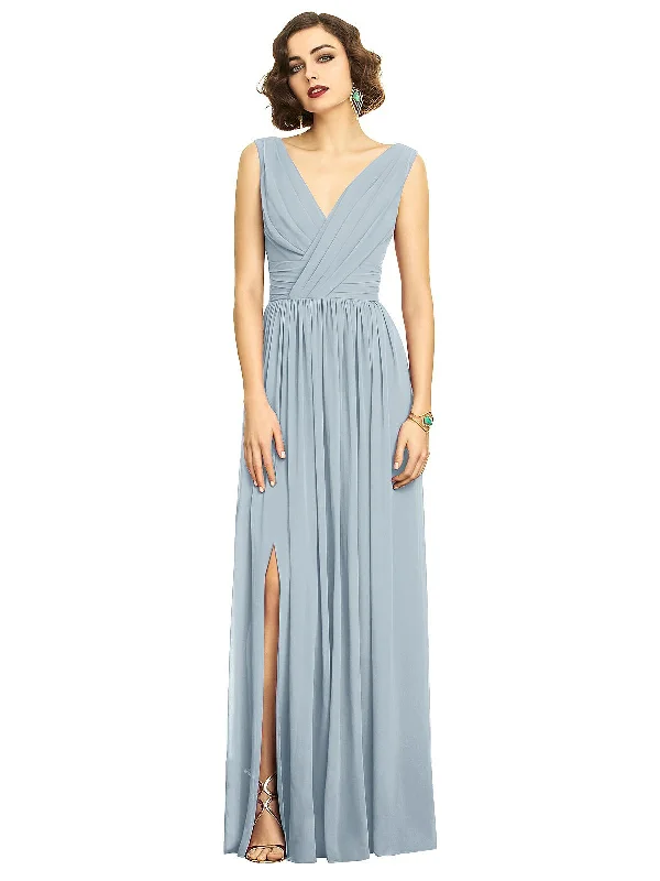 Women's maxi dress run flow -Sleeveless Draped Chiffon Maxi Dress with Front Slit