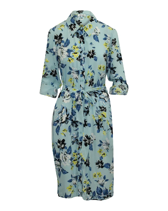 ladies-shirt-dress-draped-front-Diane Von Furstenberg Floral Shirt Dress in Blue Viscose