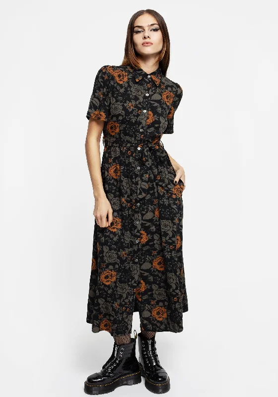 ladies-midi-dress-polka-prance-Mortify Floral Print Midi Shirt Dress